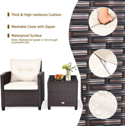 3 Piece Patio Furniture Set, Outdoor Conversation Set with Washable Cushions & Tempered Glass Tabletop, PE Rattan Wicker Bistro Set for Porch, Garden, Balcony (White)