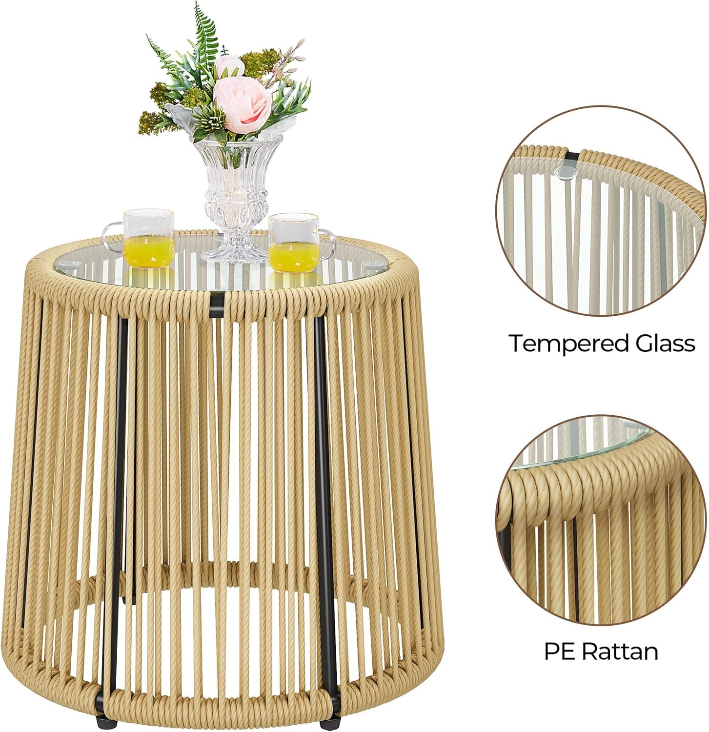 3 Piece Patio Rattan Bistro Set, Outdoor All Weather PE Wicker Conversation Furniture Set with 2 Chairs & Tempered Glass Top Table & Cushions, for Poolside/Porch/Garden/Yard, Tan/Cream
