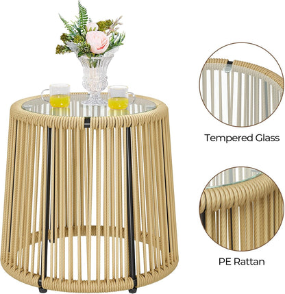 3 Piece Patio Rattan Bistro Set, Outdoor All Weather PE Wicker Conversation Furniture Set with 2 Chairs & Tempered Glass Top Table & Cushions, for Poolside/Porch/Garden/Yard, Tan/Cream