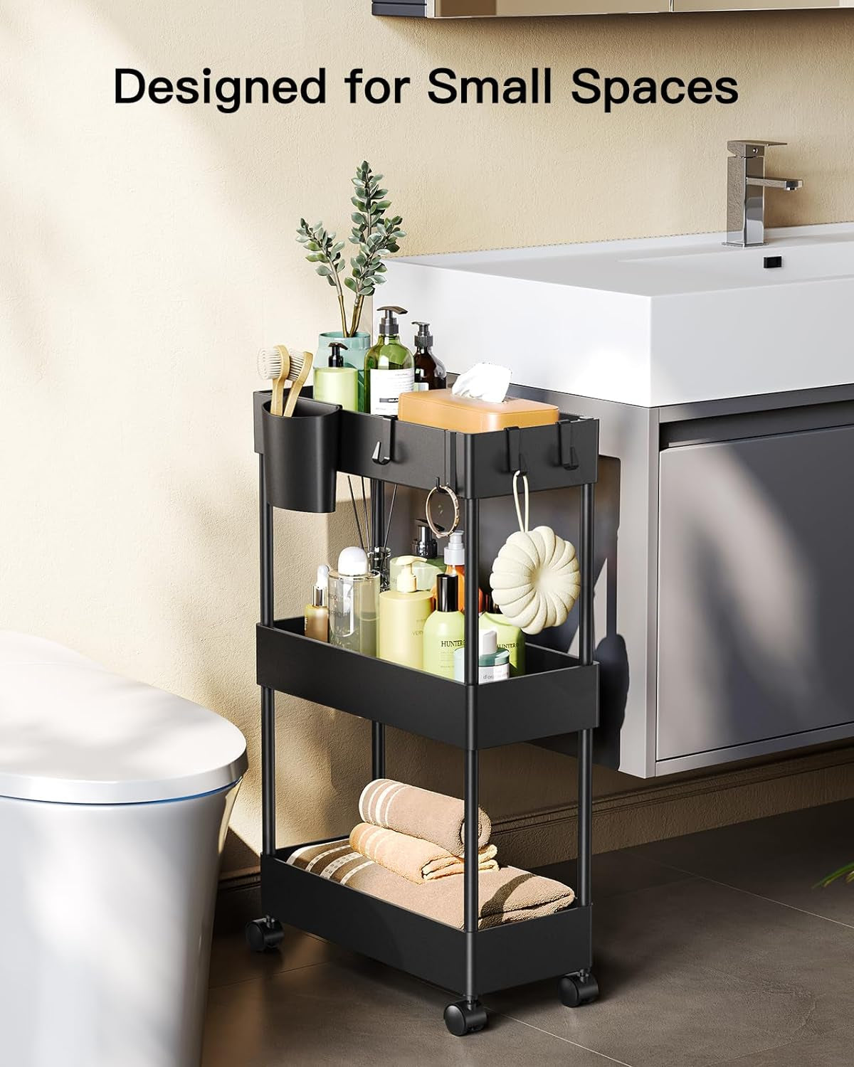 Slim Storage Cart with Wheels - 3 Tier Bathroom Organizers and Storage Cart - Rolling Carts for Bathroom, Kitchen, Narrow Space, Laundry Room,Black