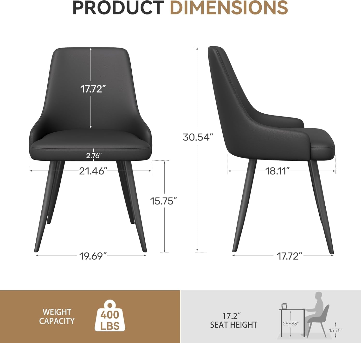 Modern Dining Chairs Set of 6, Spacious Comfortable Dining Room Chairs, Faux Leather Upholstered Dining Chairs with Thick Cushion for Dining Room, Black