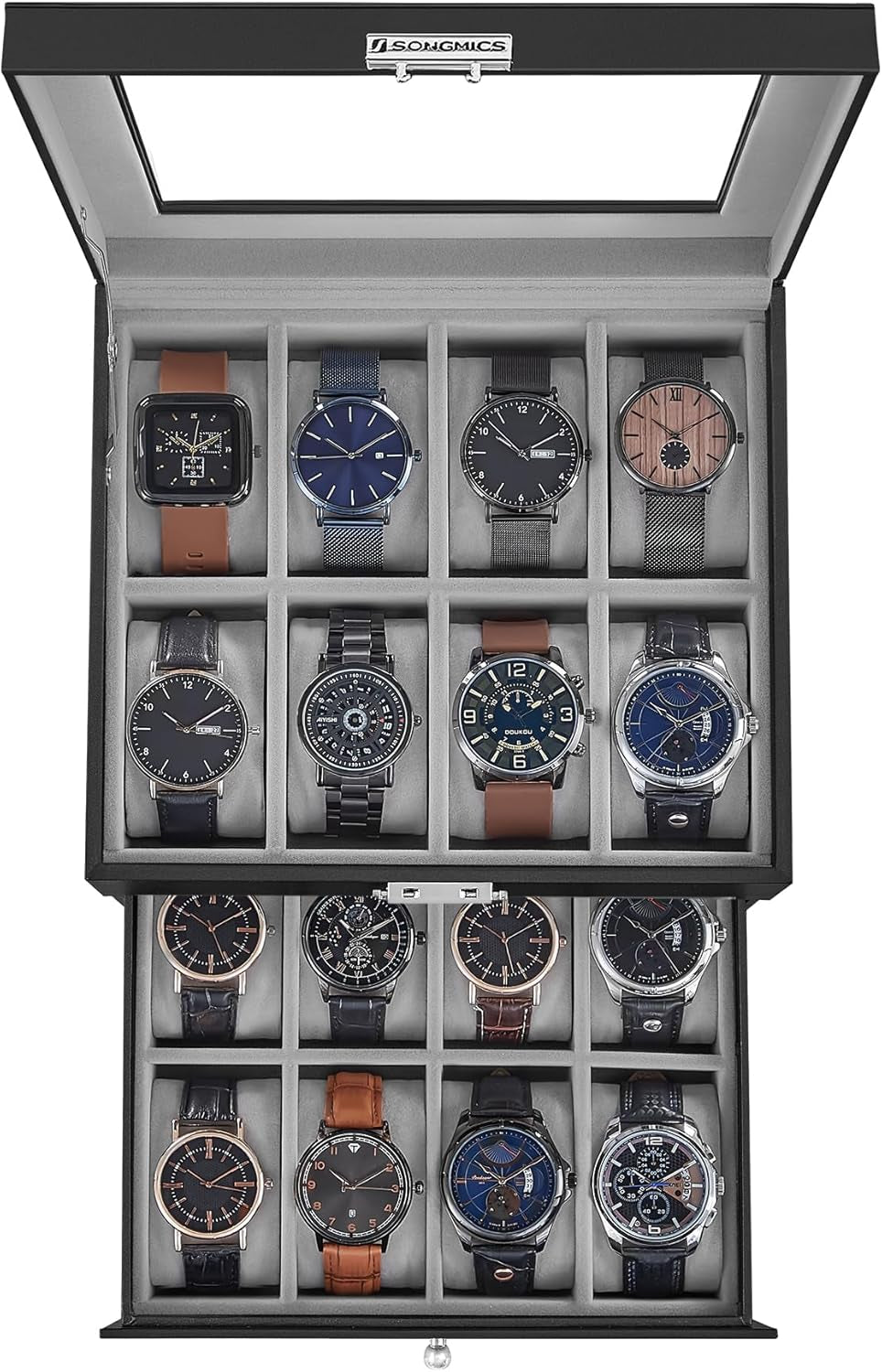 16-Slot Watch Box, Watch Case with Glass Lid, 2 Layers, Lockable Watch Display Case, Black Synthetic Leather, Greenish Gray Lining UJWB016G01