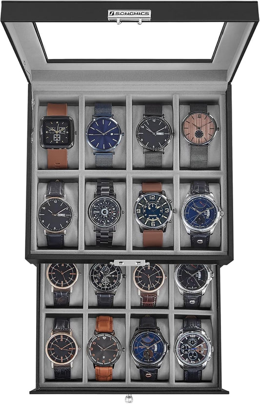 16-Slot Watch Box, Watch Case with Glass Lid, 2 Layers, Lockable Watch Display Case, Black Synthetic Leather, Greenish Gray Lining UJWB016G01