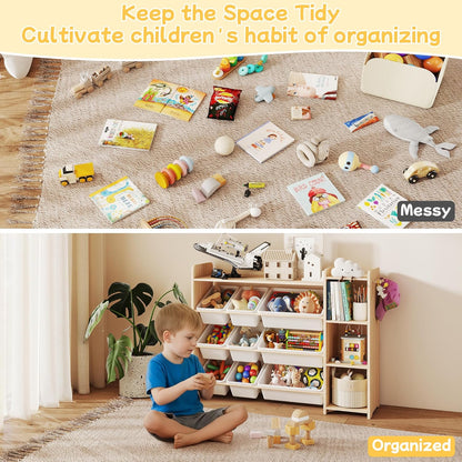 Kids Toy Storage Organizer, Wooden Shelf with 3 Tiers and 9 Storage Bins, Nursery Room Organizer for Books and Toys, White and Natural Wood