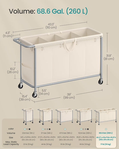 Laundry Basket with Wheels, 4-Section Rolling Laundry Hamper, 68.6 Gallons (260 L), Removable Liner, Steel Frame with Handle, 43.3 X 15.4 X 31.9 Inches, Cream White URLS014W01