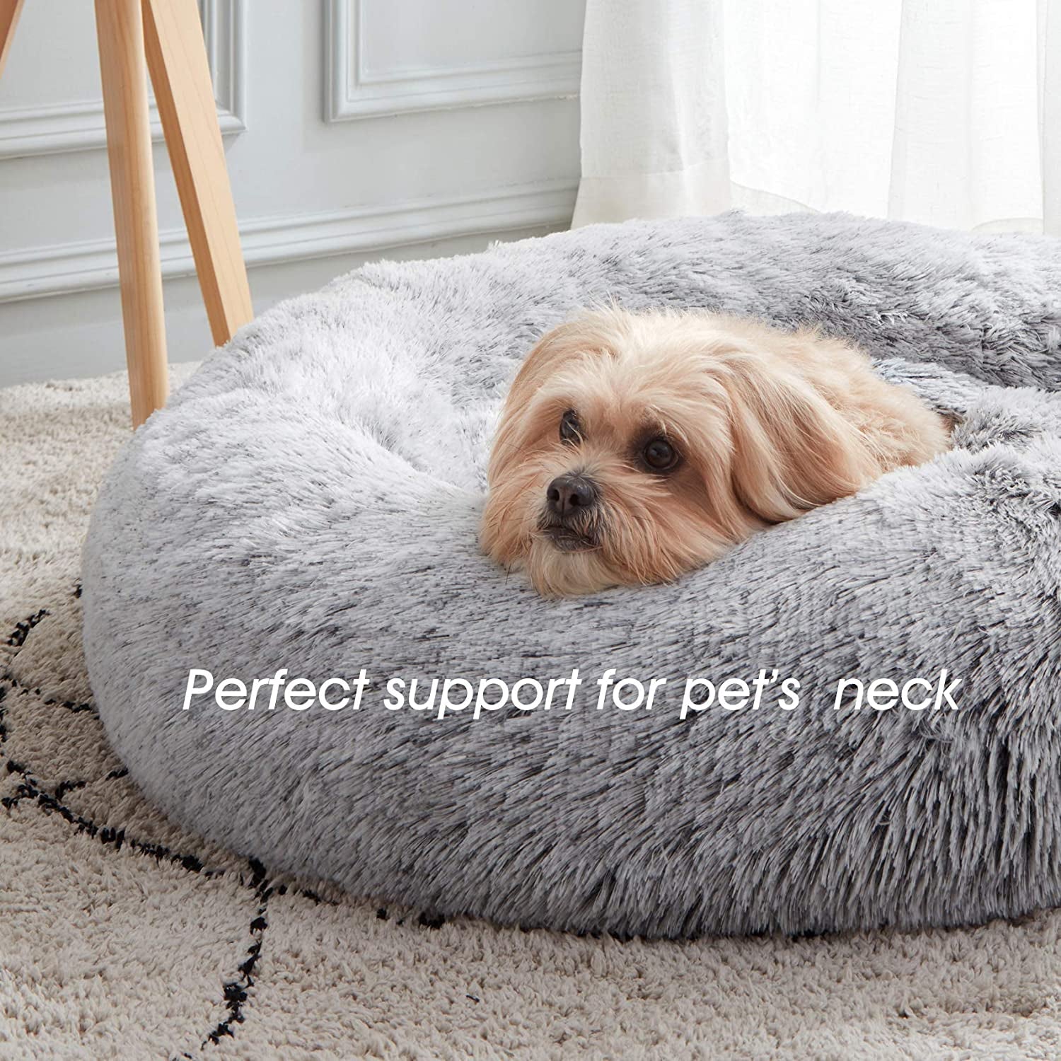 Calming Dog & Cat Bed, round Soft Anti-Anxiety Donut Cuddler Warming Cozy Fluffy Faux Fur Plush Cushion Bed for Small Medium Dogs and Cats (20"/24"/27"/30"), Light Grey