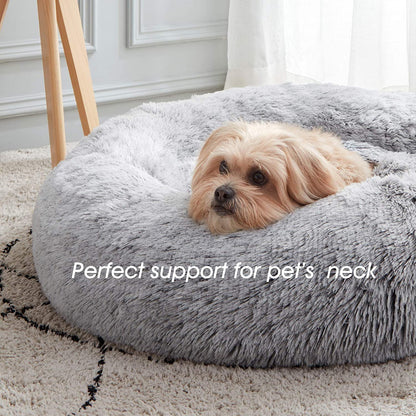 Calming Dog & Cat Bed, round Soft Anti-Anxiety Donut Cuddler Warming Cozy Fluffy Faux Fur Plush Cushion Bed for Small Medium Dogs and Cats (20"/24"/27"/30"), Light Grey