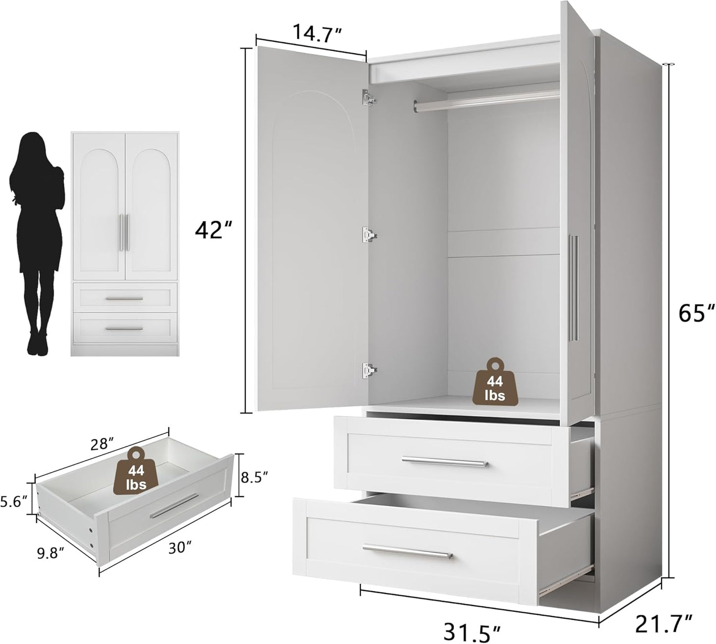 Wooden Armoire Wardrobe Closet with 2 Doors and 2 Drawers,Bedroom Freestanding Armoire Storage Cabinet with Shelves,Tall Clothing Storage Cabinet for Bedroom,White