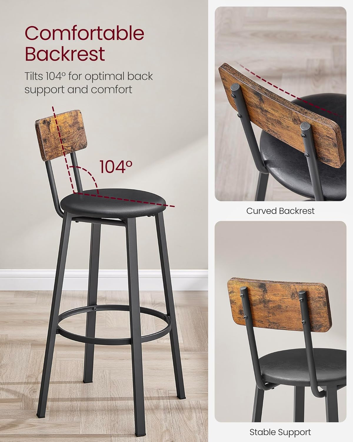 Bar Stools, Set of 2 PU Upholstered Breakfast Stools, 29.7 Inches Barstools with Back and Footrest, Simple Assembly, for Dining Room Kitchen Counter Bar, Rustic Brown and Black ULBC069B81