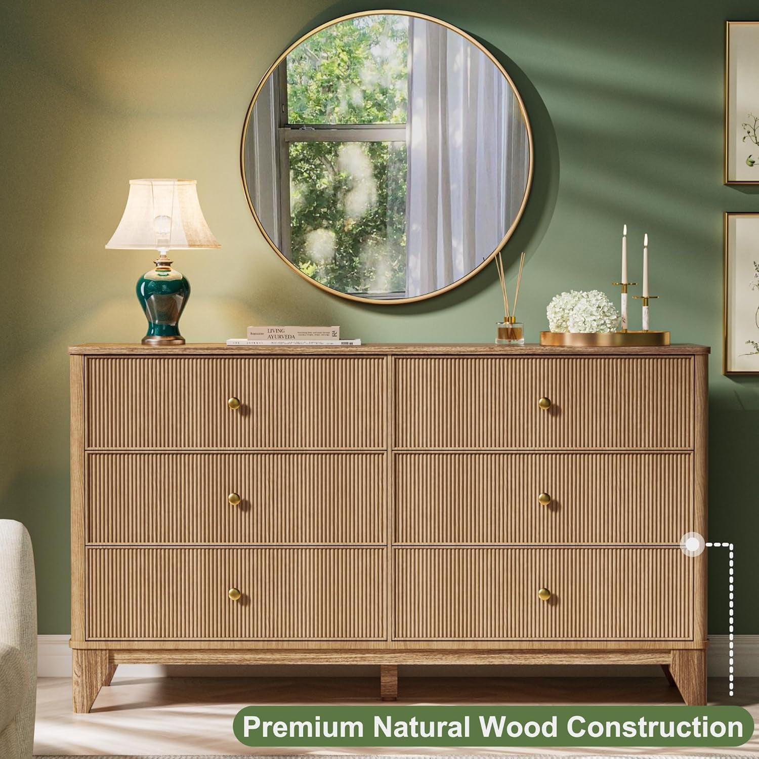 Fluted 6 Drawers Dresser, 54" Wide Modern Chest of Drawers with round Corners, Wooden Dresser TV Stand, Wood Drawer Organizer for Bedroom, Living Room, Hallway