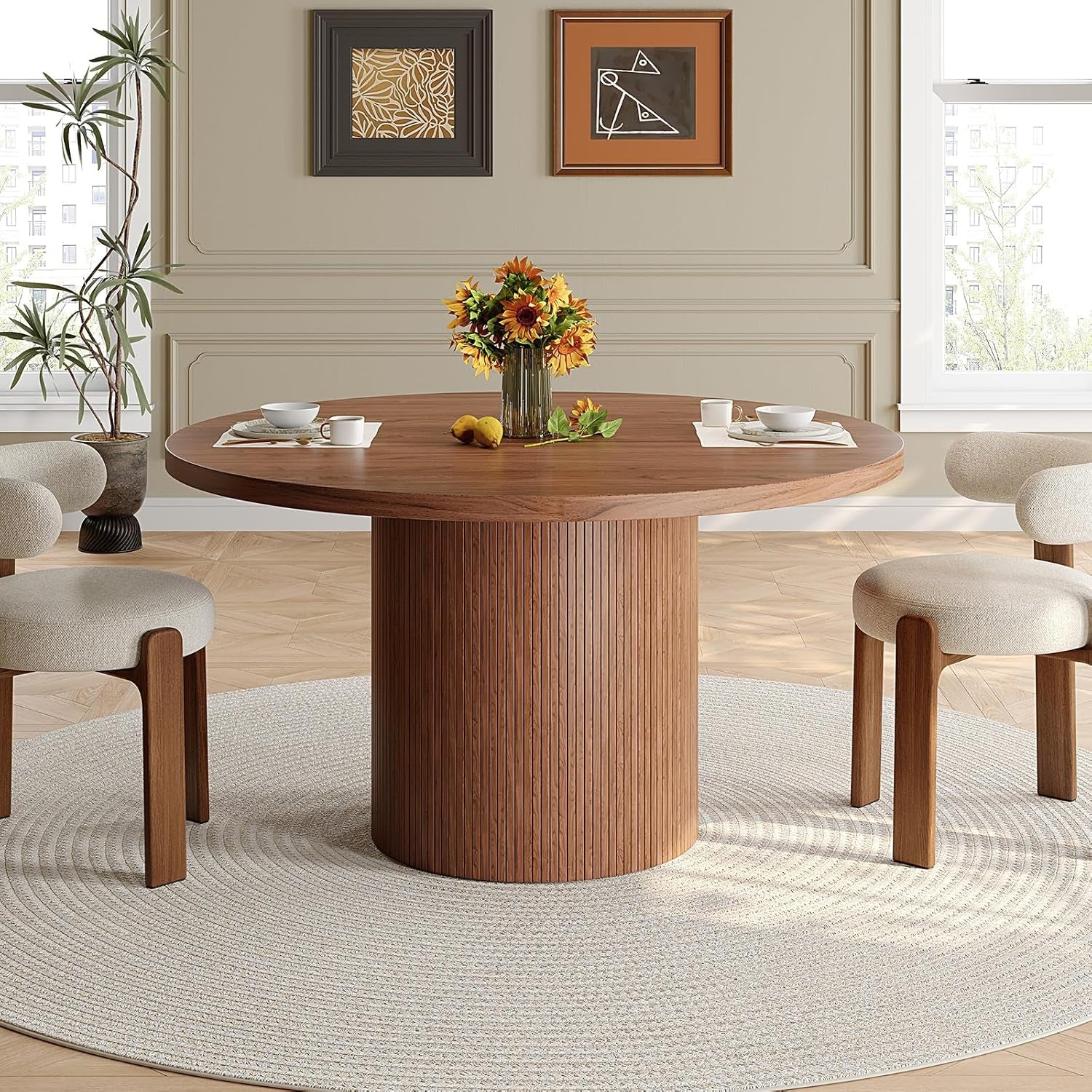 47 Inch round Dining Table for 4, Circle Kitchen Table with Wood Strip Base, Modern Farmhouse Dinner Tables for Kitchen, Living Room (Walnut)
