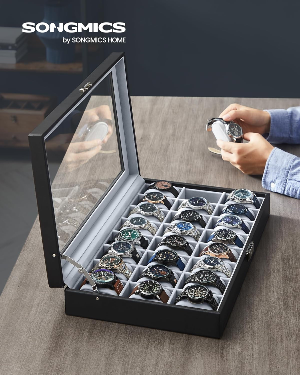 24-Slot Watch Box, Lockable Storage Case with Glass Lid, Ink Black Synthetic Leather, Dove Gray Lining, Gift Idea UJWB024