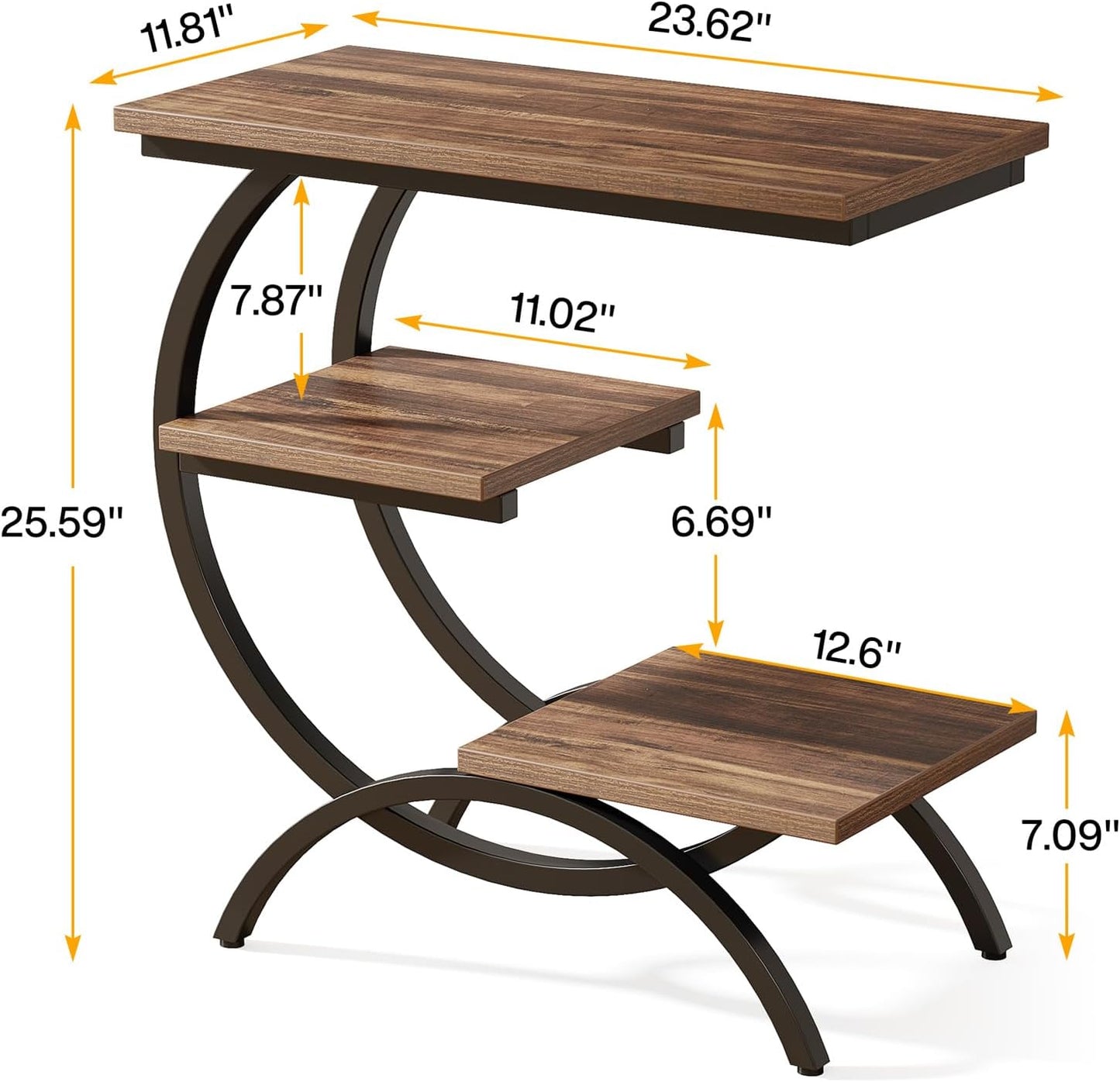 C-Shaped End Table, Industrial 3-Tier Small Side Table for Couch, Wood Bedside Table Snack Side Table with Storage Shelves for Living Room Small Space, Rustic Brown