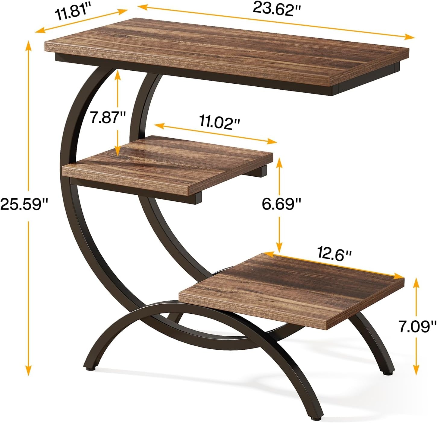 C-Shaped End Table, Industrial 3-Tier Small Side Table for Couch, Wood Bedside Table Snack Side Table with Storage Shelves for Living Room Small Space, Rustic Brown