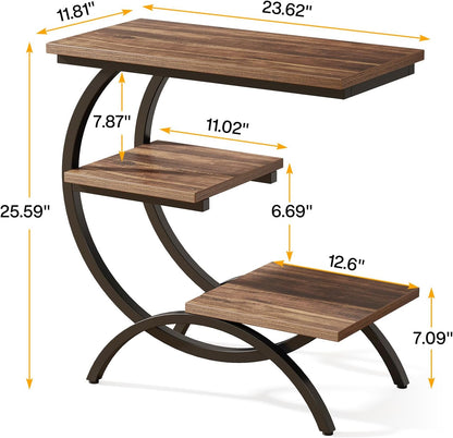 C-Shaped End Table, Industrial 3-Tier Small Side Table for Couch, Wood Bedside Table Snack Side Table with Storage Shelves for Living Room Small Space, Rustic Brown