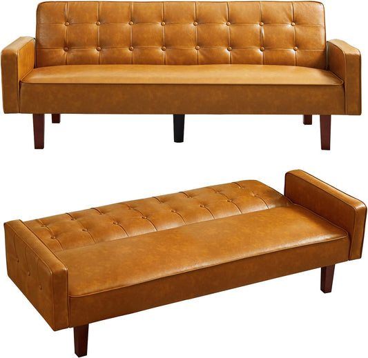 PU Futon Sofa Couch for Living Room Convertible Faux Leather Upholstered Futon Sleeper Sofa Bed Channel Tufted Bedroom Futons with Solid Wood Legs for Small Spaces