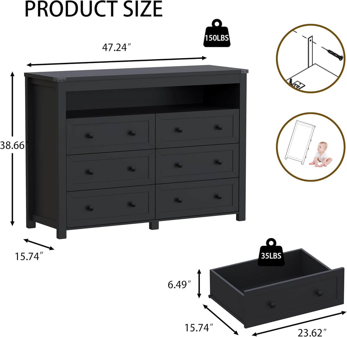 Dresser for Bedroom with 6 Drawers, Wide Chest of Drawers with LED Light and Power Outlet, Wooden Closet Organizer Clothes Storage Cabinet, Modern Double Dressers for Living Room, Hallway, Black
