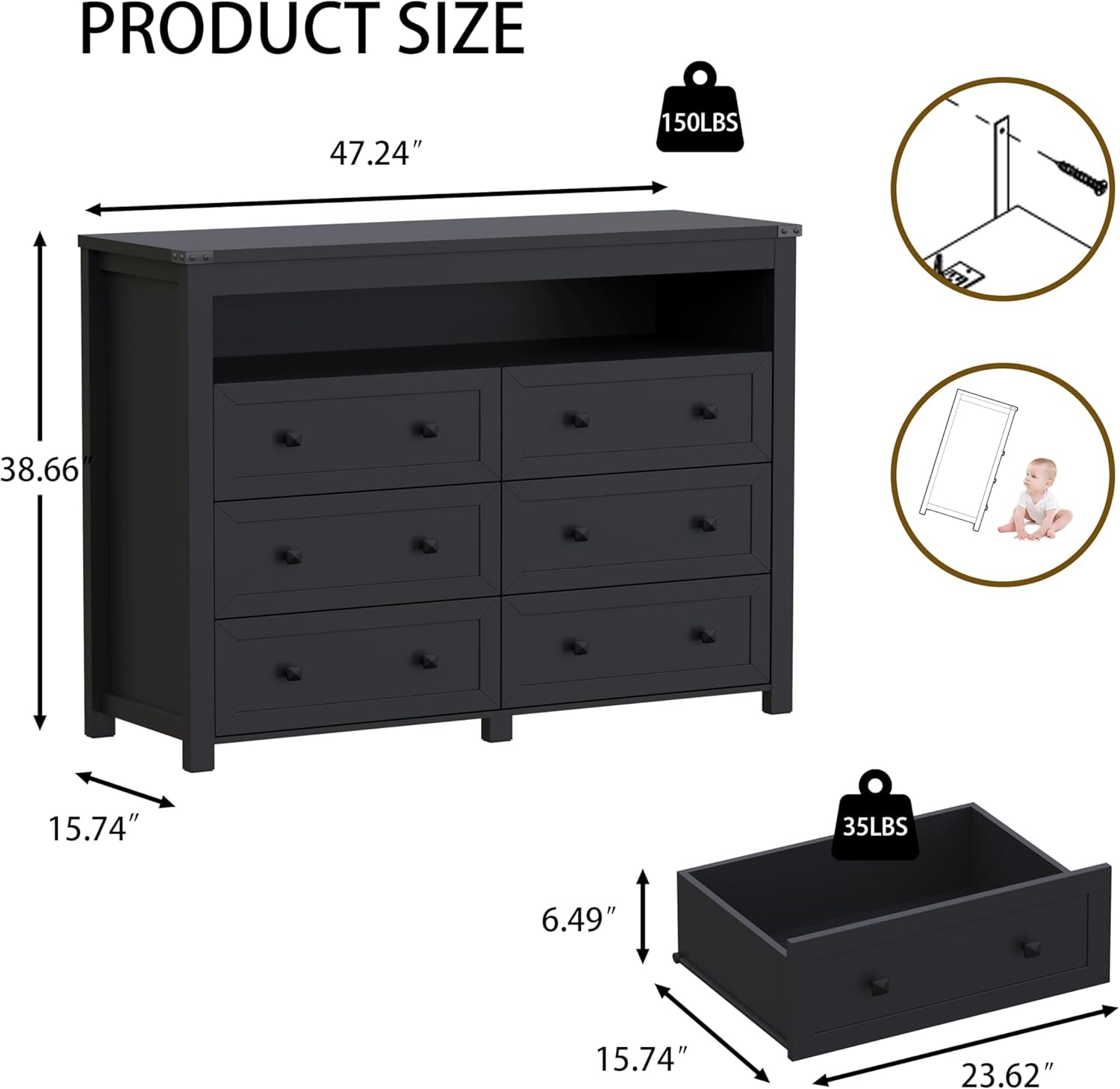 Dresser for Bedroom with 6 Drawers, Wide Chest of Drawers with LED Light and Power Outlet, Wooden Closet Organizer Clothes Storage Cabinet, Modern Double Dressers for Living Room, Hallway, Black