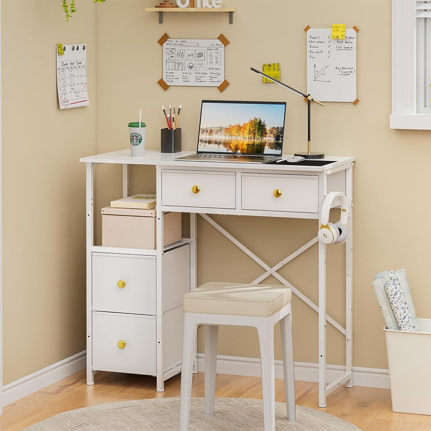 Small Computer Desk with 4 Fabric Drawers, Simple Writing Desk for Home Office, Compact Study Desks for Small Spaces, Kids Desk Study for Bedroom, White