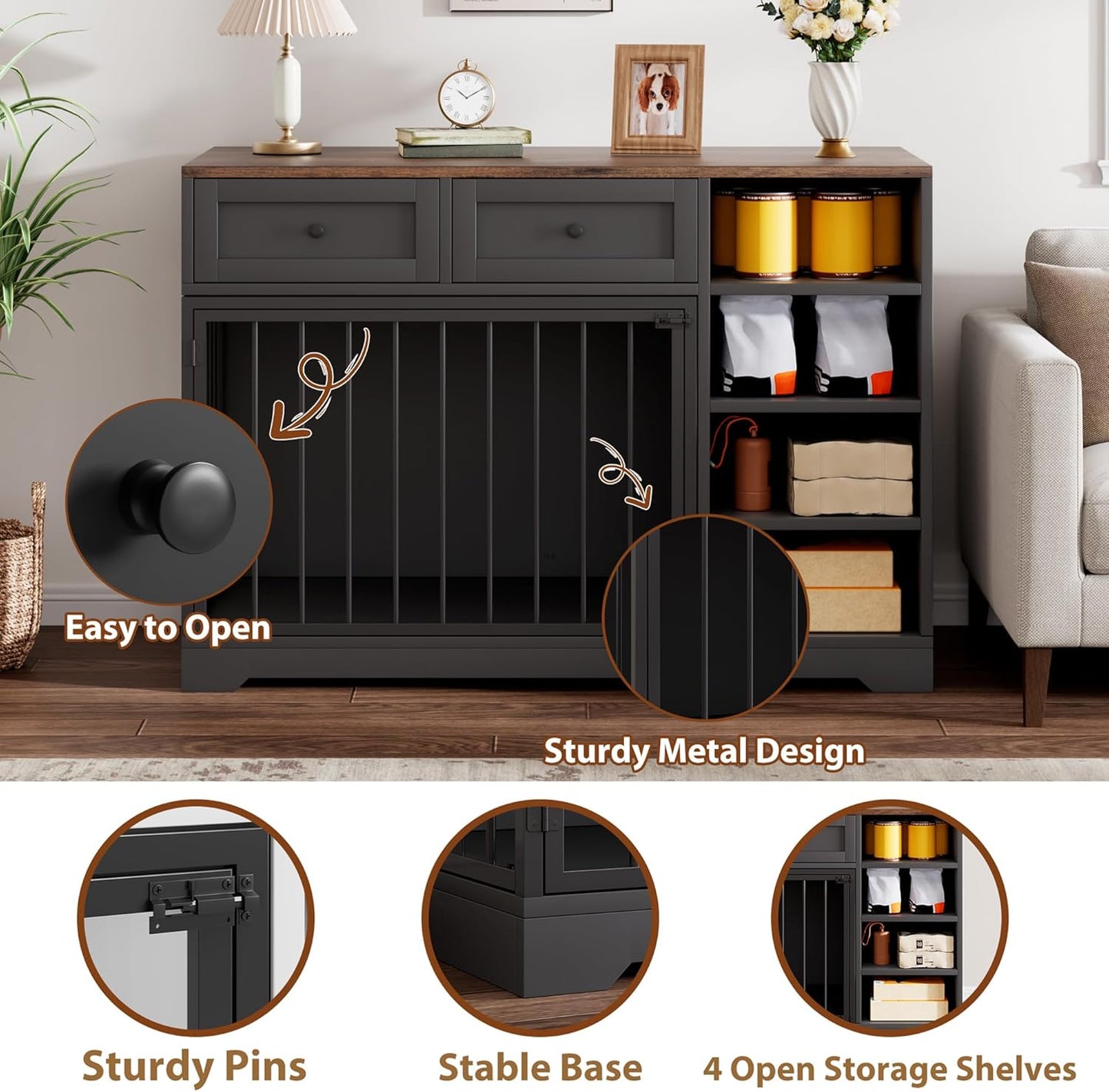 47” Large Dog Crate, Dog Kennel Indoor with 2 Drawers and 4 Shelves, Dog Crate Furniture TV Stand, Wooden Dog Cage for Medium Large Dogs, Black