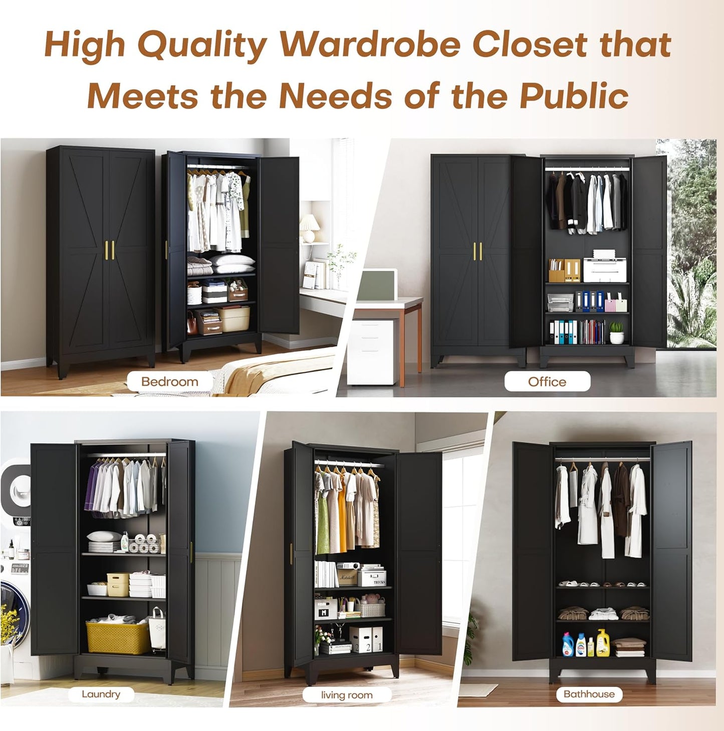 Metal Armoire Wardrobe Closet with Doors and Shelves, 71" Tall Metal Wardrobe Closet with Hanger Rod and Clothing Shelf, Black Farmhouse Bedroom Armoire Steel Storage Cabinet for Bedroom