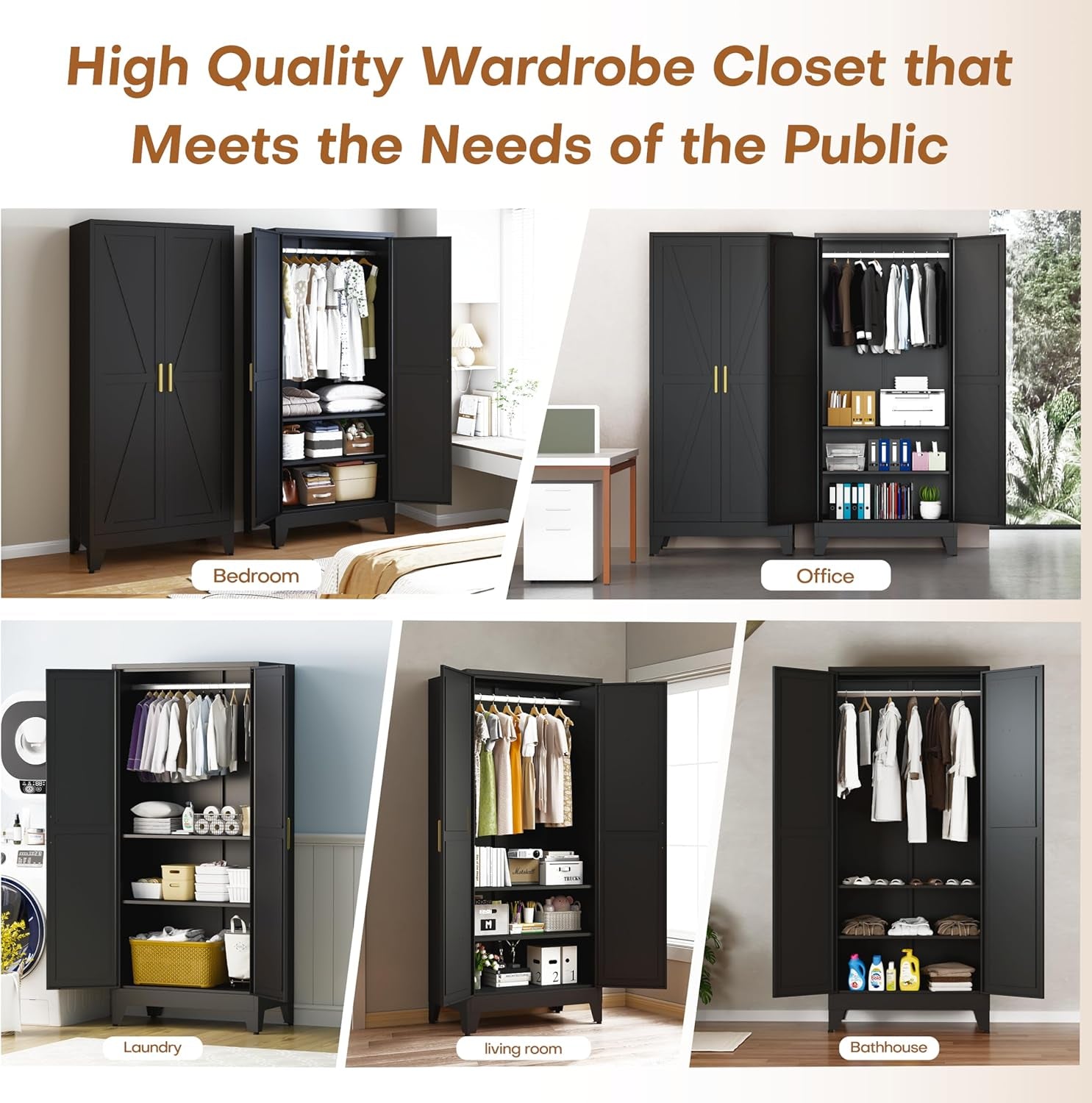 Metal Armoire Wardrobe Closet with Doors and Shelves, 71" Tall Metal Wardrobe Closet with Hanger Rod and Clothing Shelf, Black Farmhouse Bedroom Armoire Steel Storage Cabinet for Bedroom