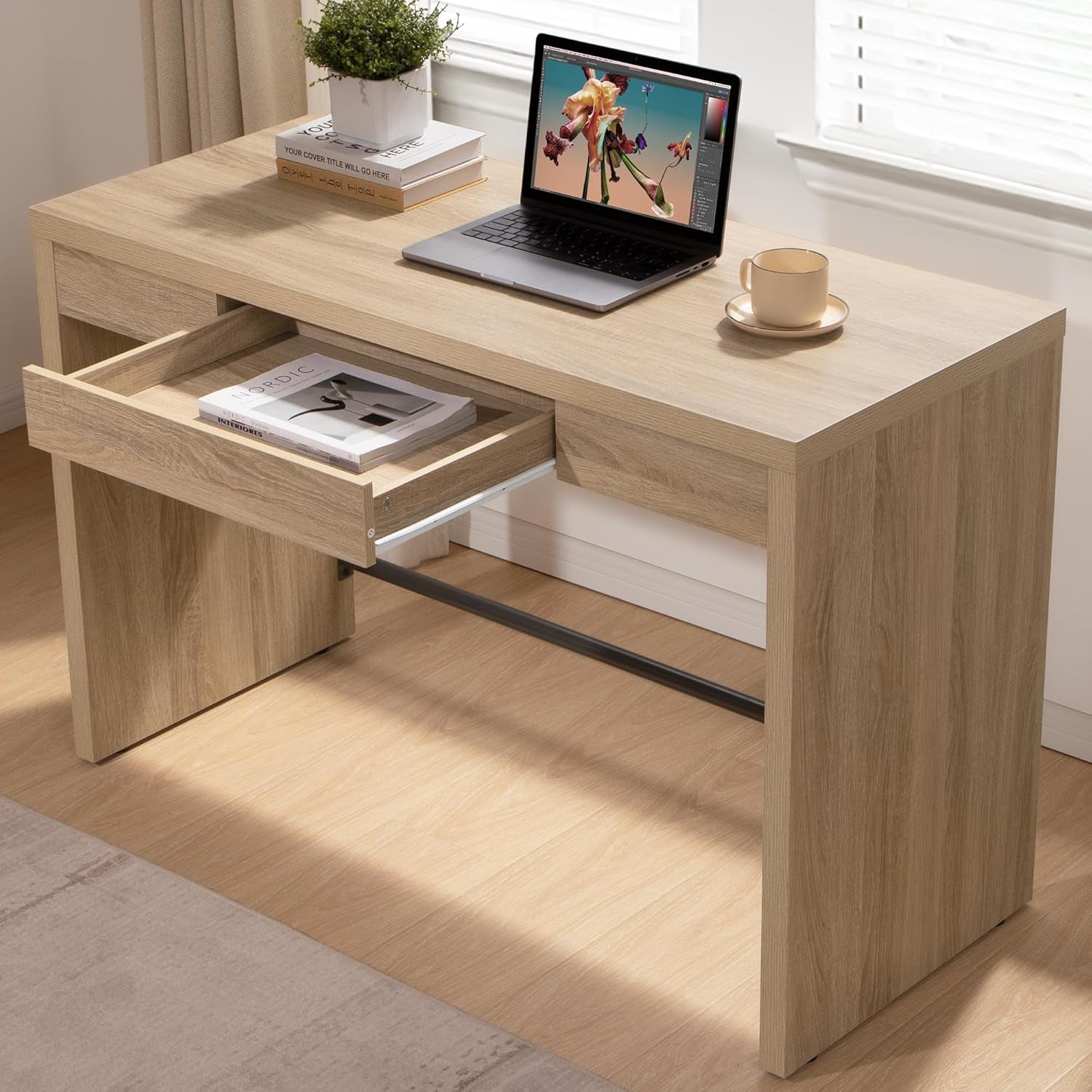 Computer Desk Writing Table - 47-Inch Wooden Study Desk for Bedroom, Farmhouse Home Office Desk with Drawer, Boho Makeup Vanity Table for Dormitory (Reclaimed Light Oak, 1 Piece)