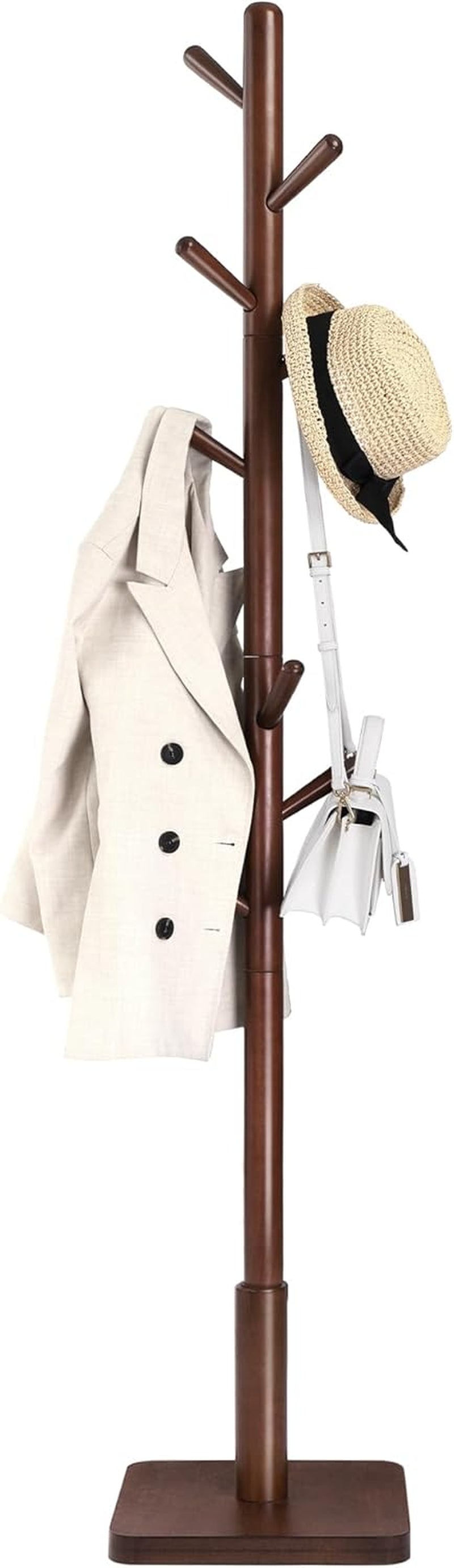 Solid Wood Coat Rack, Free Standing Hall Coat Tree with 8 Hooks, 3 Height Options, for Coats, Hats, Bags, Purses, for Entryway, Hallway, Rubberwood Hooks and Pole, Dark Walnut URCR010W01