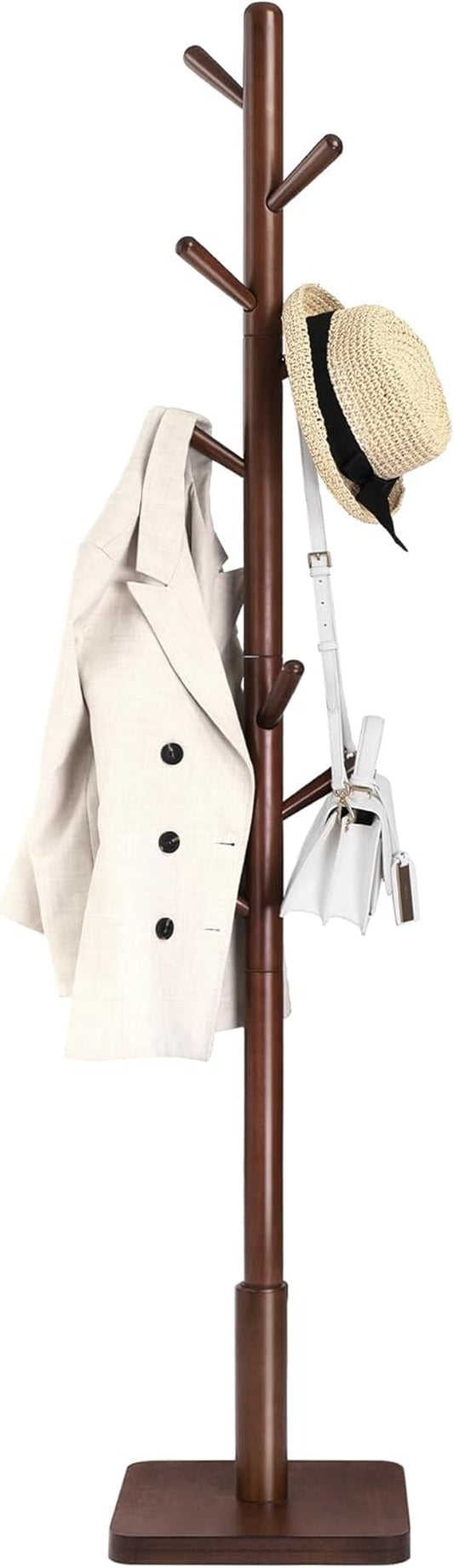 Solid Wood Coat Rack, Free Standing Hall Coat Tree with 8 Hooks, 3 Height Options, for Coats, Hats, Bags, Purses, for Entryway, Hallway, Rubberwood Hooks and Pole, Dark Walnut URCR010W01