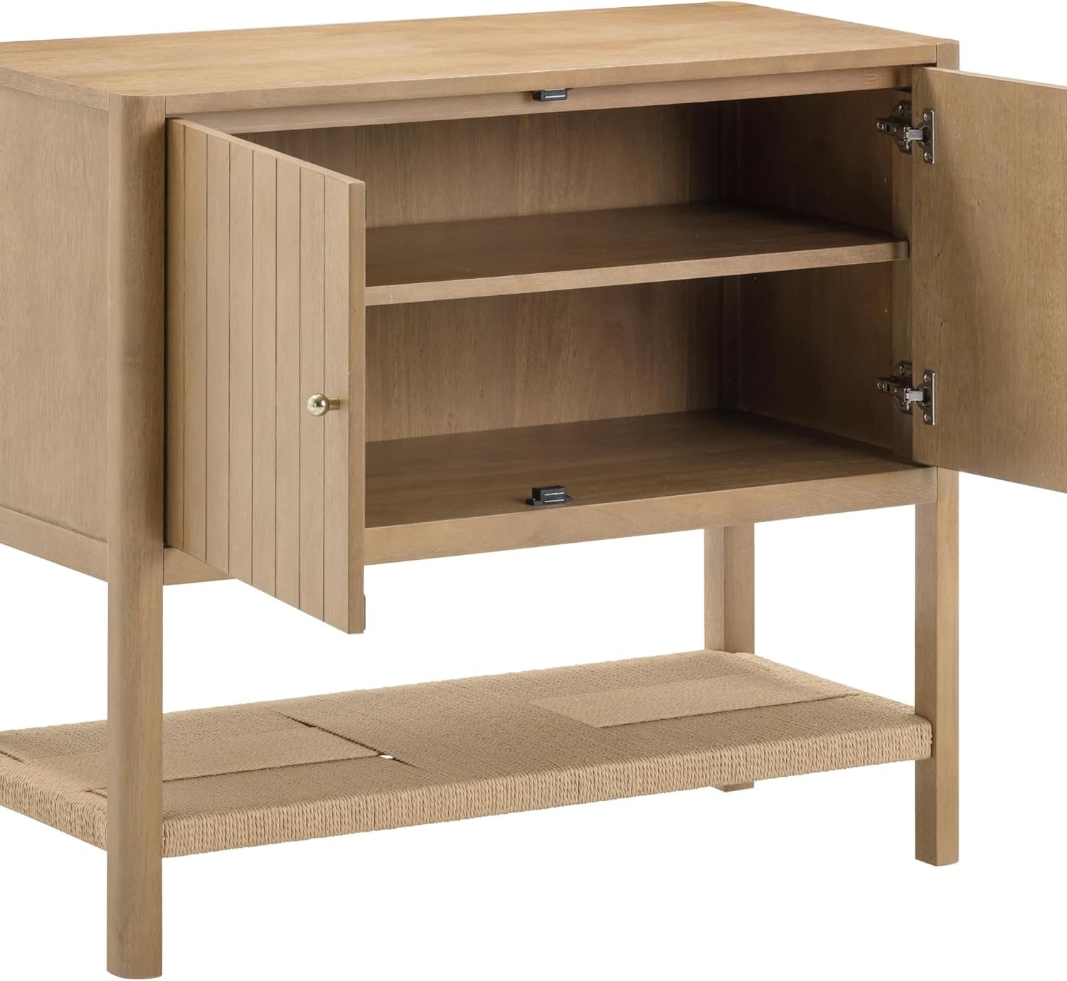 Meads Mid Century Modern Cabinet with Doors, Solid Wood Kitchen Cabinet with Adjustable Interior Shelf and Seagrass Bottom Storage, Light Brown