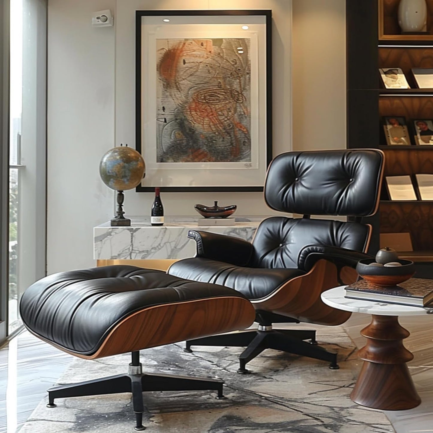 Mid Century Chaise Lounge Chair with Ottoman, Top Black Grain Leather, Modern Office Chair Classic Design, Heavy Duty Base Support for Living Room Lounge Office