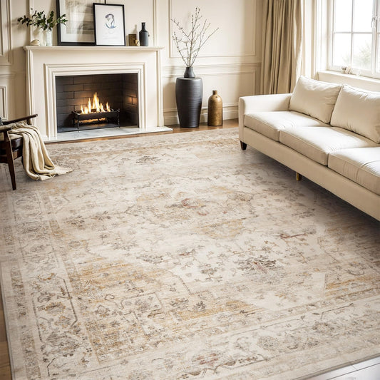 -Area Rug 5X7 Rugs for Living Room-Vintage Soft Beige Rugs for Bedroom-Non Slip Carpet-Machine Washable Rug for Dining Room Living Room Bedroom Office under Table-Beige