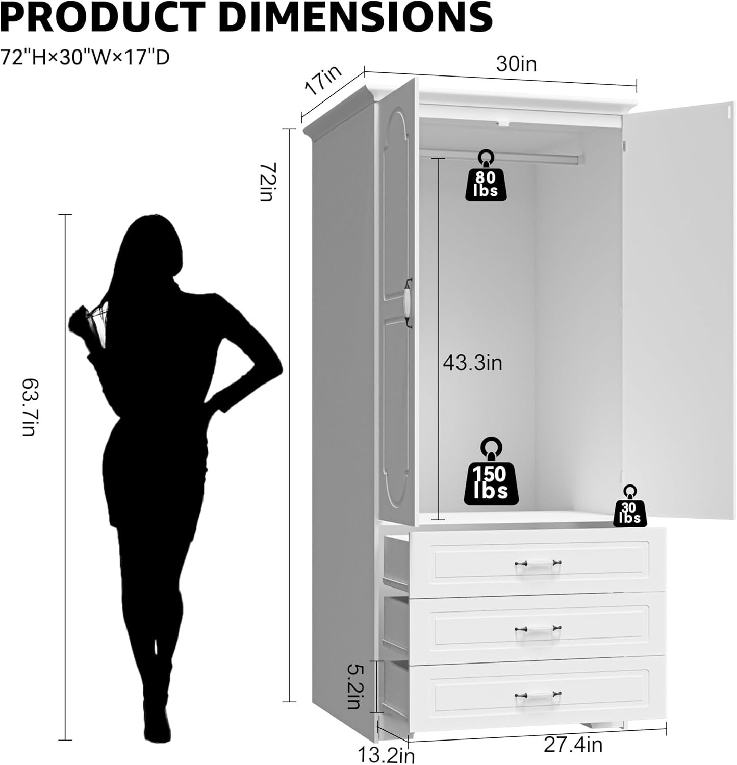 Armoire Wardrobe Closet with 3 Drawers and LED Light 72" Wooden Bedroom Armoire with 2 Doors and Retro Ceramic Door Handles Modern Wardrobe Cabinet with Removable Hanging Rod White