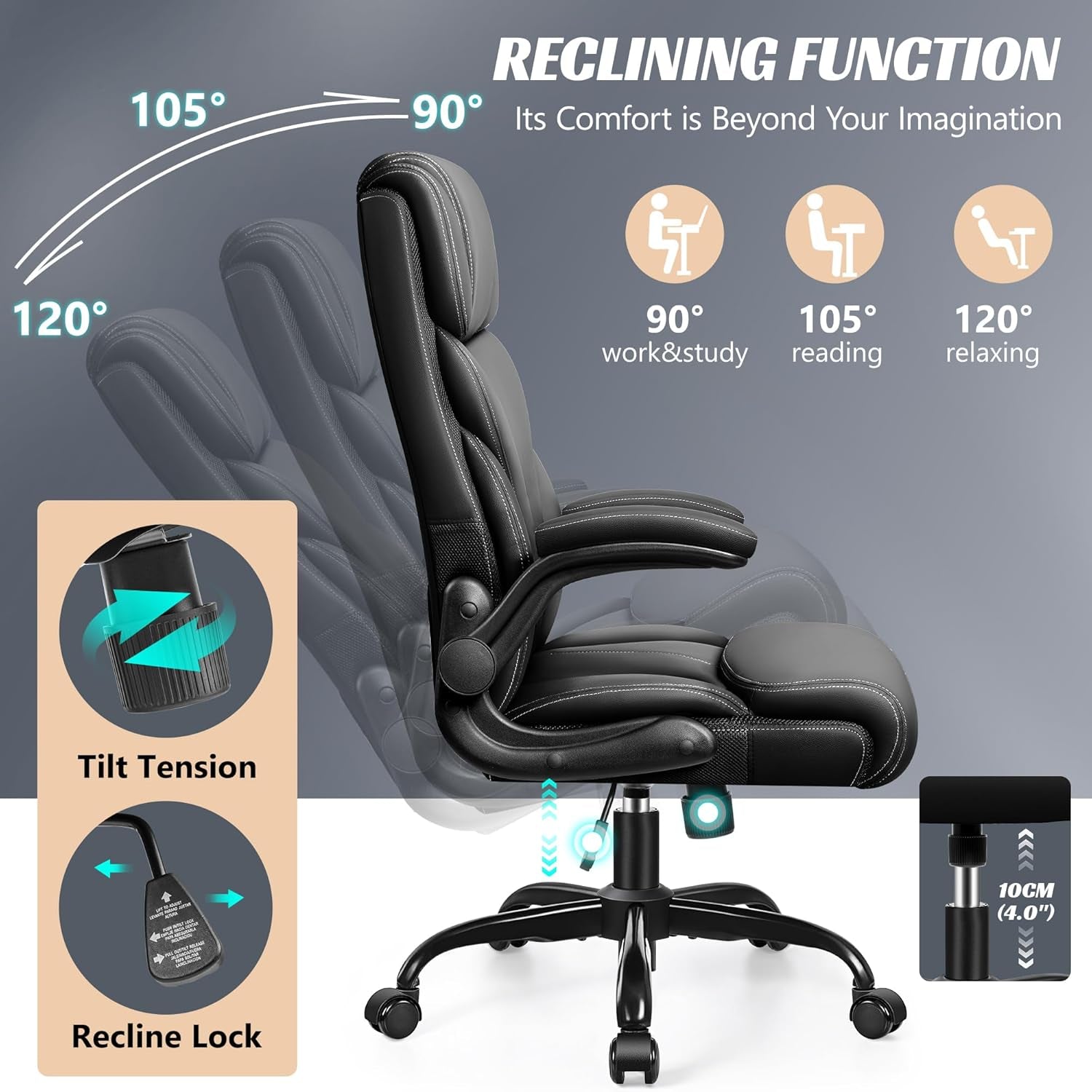 Office Chair, Ergonomic Big and Tall Computer Desk Chairs, Executive Breathable Leather Chair with Adjustable Flip-Up Armrests, Lumbar Support Swivel PC Chair with Rocking Function