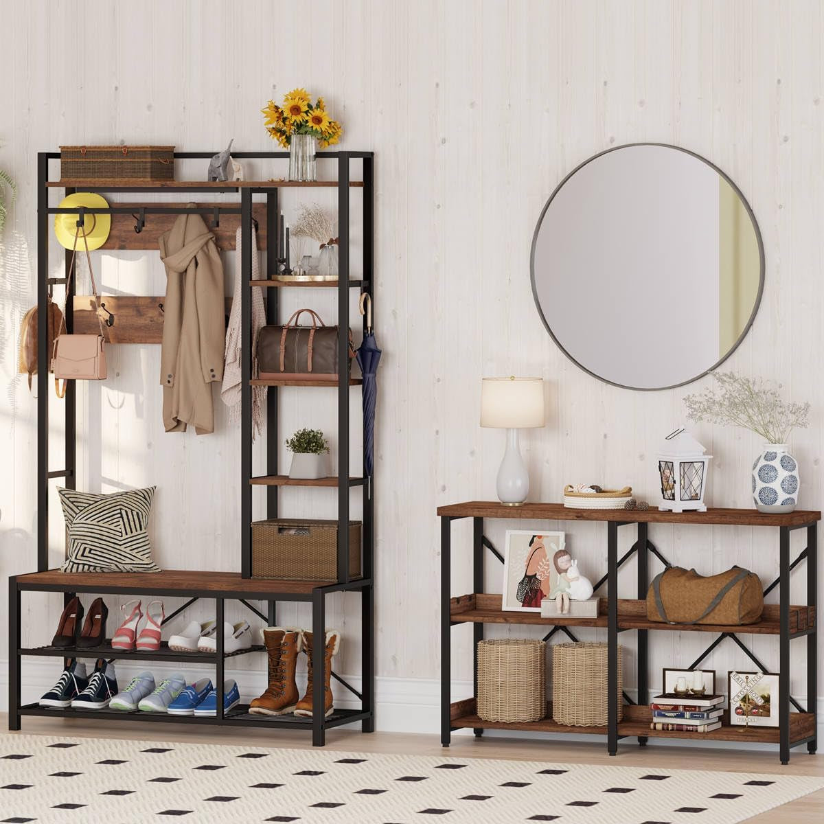 Rustic Console Table with Shelves, 3 Tier Sofa Table behind Couch for Living Room, Wood Metal Entryway Tables for Hallway, Foyer, Entrance (47 Inch, Rustic Oak)
