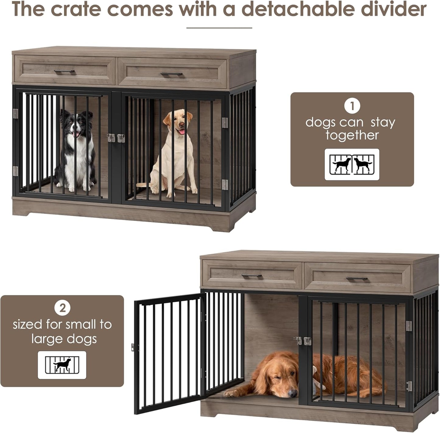 Dog Crate Furniture 47" Wooden Dog Kennels for Dogs Indoor with a Removable Divider for Large/Medium/Small Dogs, 2 Storage Drawers and Large Tabletop Dog Cages Double Doors Dog House, Rustic
