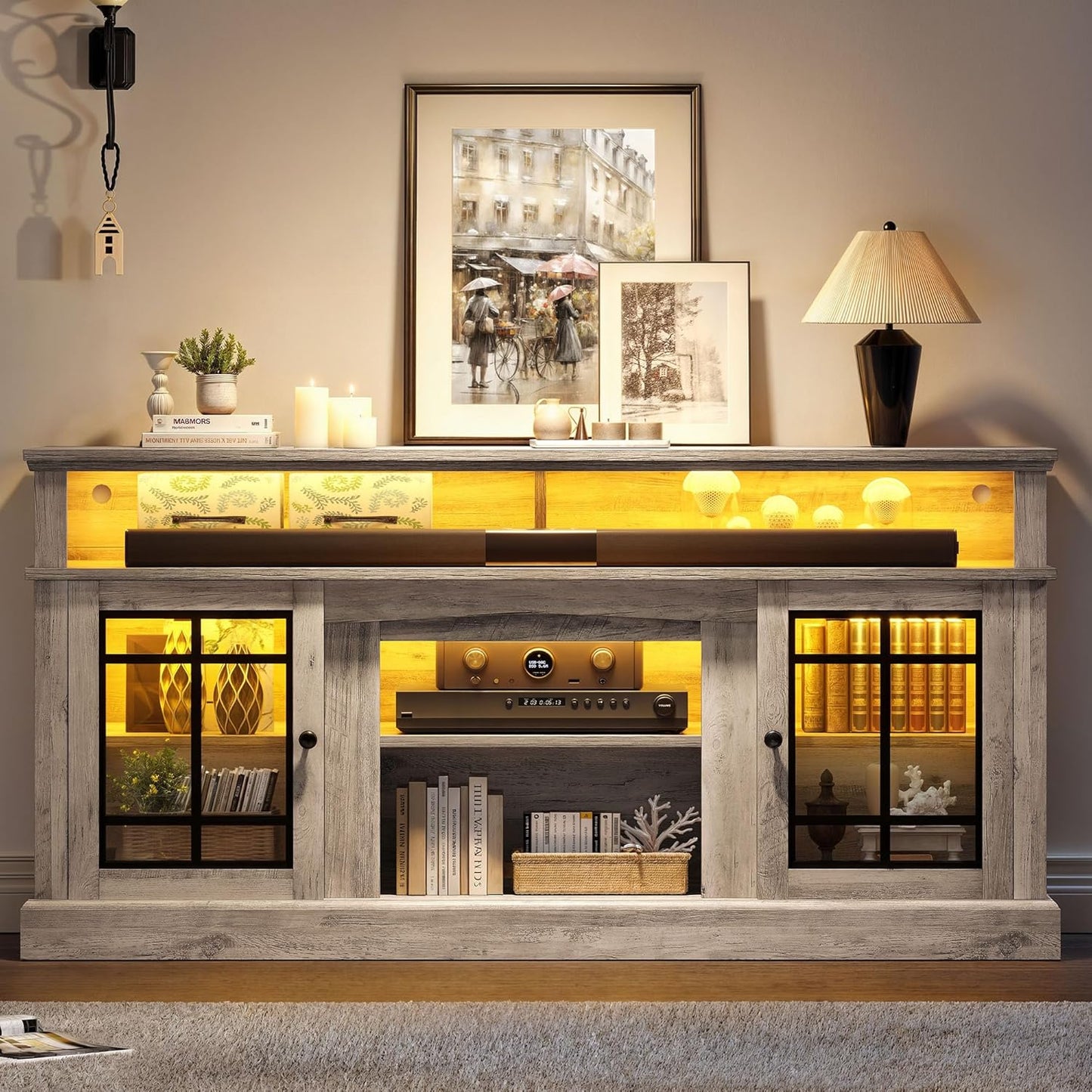 Modern TV Stand for 75 Inch TV, LED Entertainment Center with Adjustable Shelves and Glass Doors, 32'' Tall Television Stands TV Media Console Table for Living Room, Pine Grey