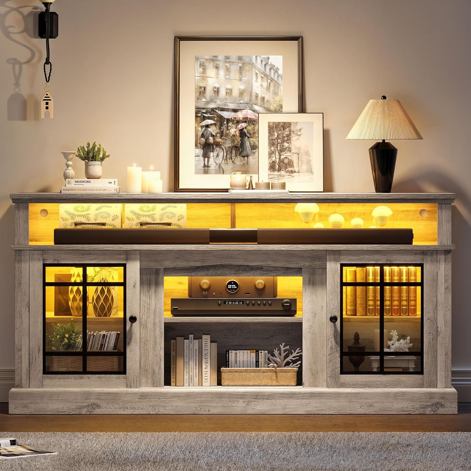 Modern TV Stand for 75 Inch TV, LED Entertainment Center with Adjustable Shelves and Glass Doors, 32'' Tall Television Stands TV Media Console Table for Living Room, Pine Grey