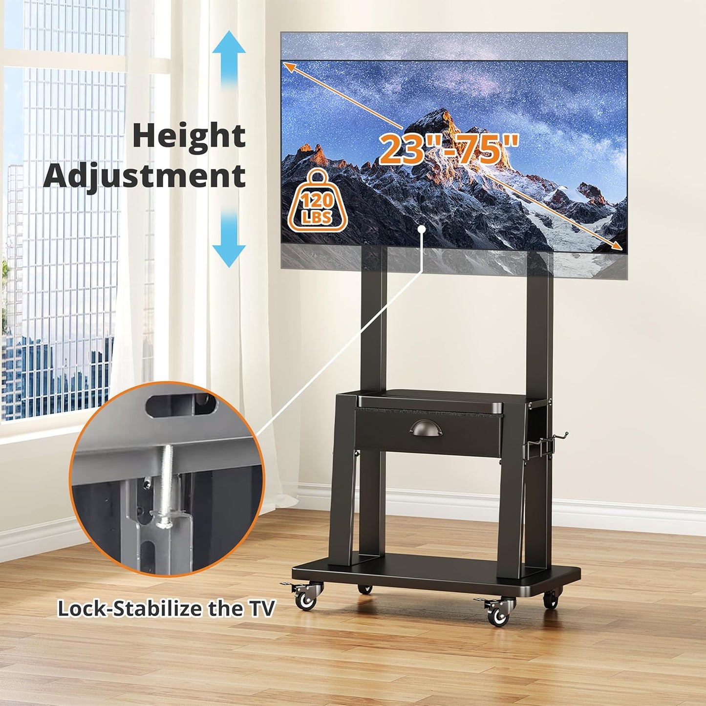 Mobile TV Cart with Drawer,For 23-75 Inch Flat/Curved Screen up to 120Lbs,Adjustable Height Rolling Tvs Floor Stand with 2 Tiers Shelves,Locking Wheel,For Indoor Outdoor,Max VESA 600X400Mm,Black