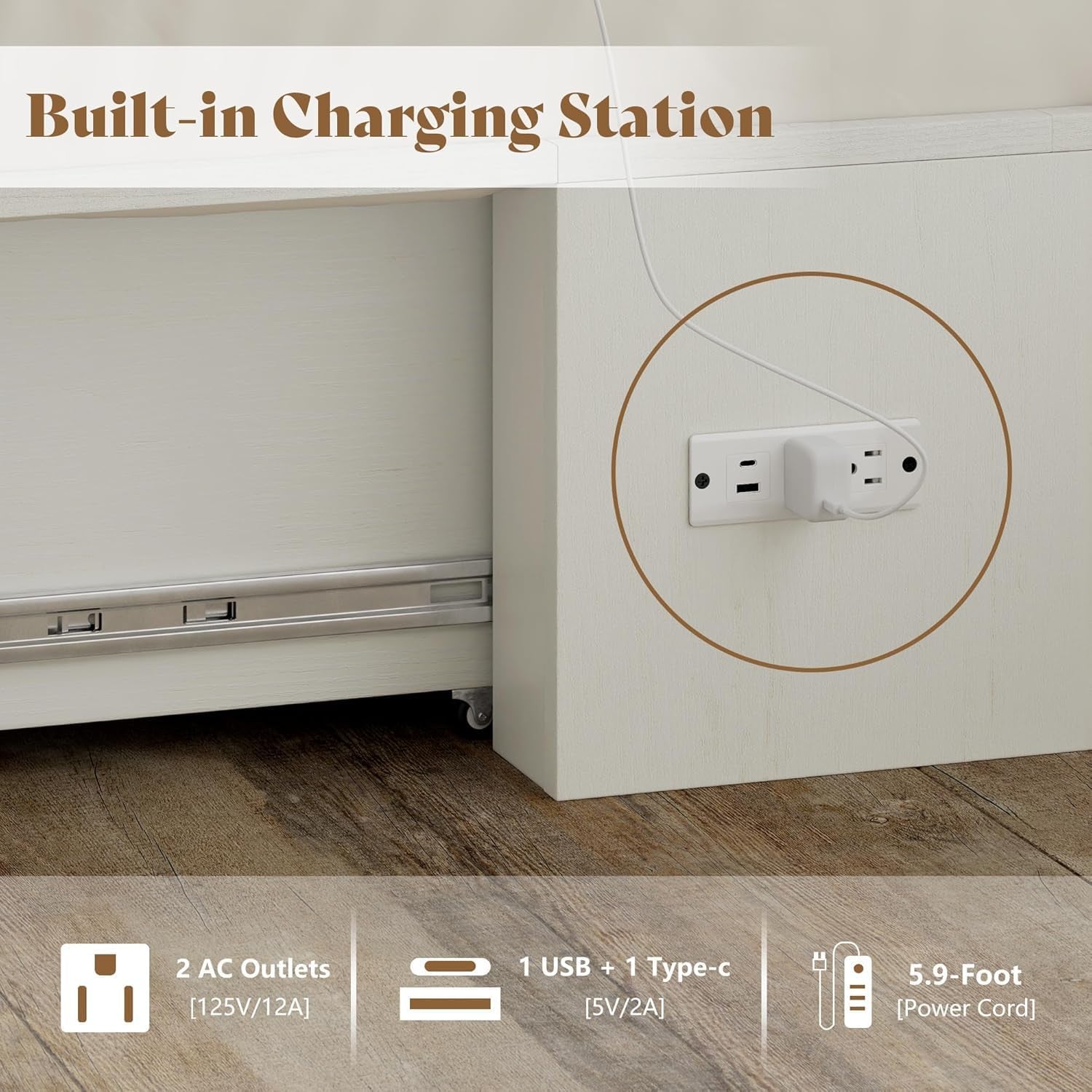 Full Size Murphy Bed, Farmhouse Wooden Cabinet with Charging Station and Storage Drawer for Bedroom/Office/Guest Room, White+Barnwood