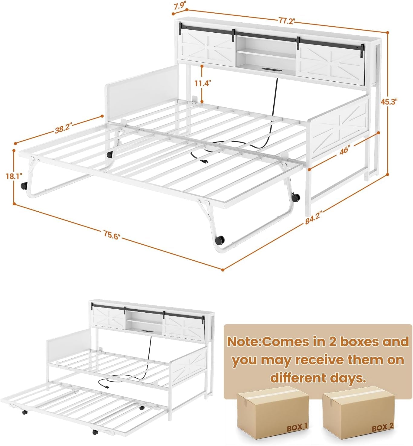 Daybed with Trundle, Farmhouse Twin Day Bed with Bookcase Headboard and Charging Station, Heavy Duty Metal Sofa Bed Frame with Pop-Up Trundle Bed for Living Room, Bedroom, White