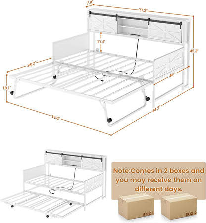 Daybed with Trundle, Farmhouse Twin Day Bed with Bookcase Headboard and Charging Station, Heavy Duty Metal Sofa Bed Frame with Pop-Up Trundle Bed for Living Room, Bedroom, White