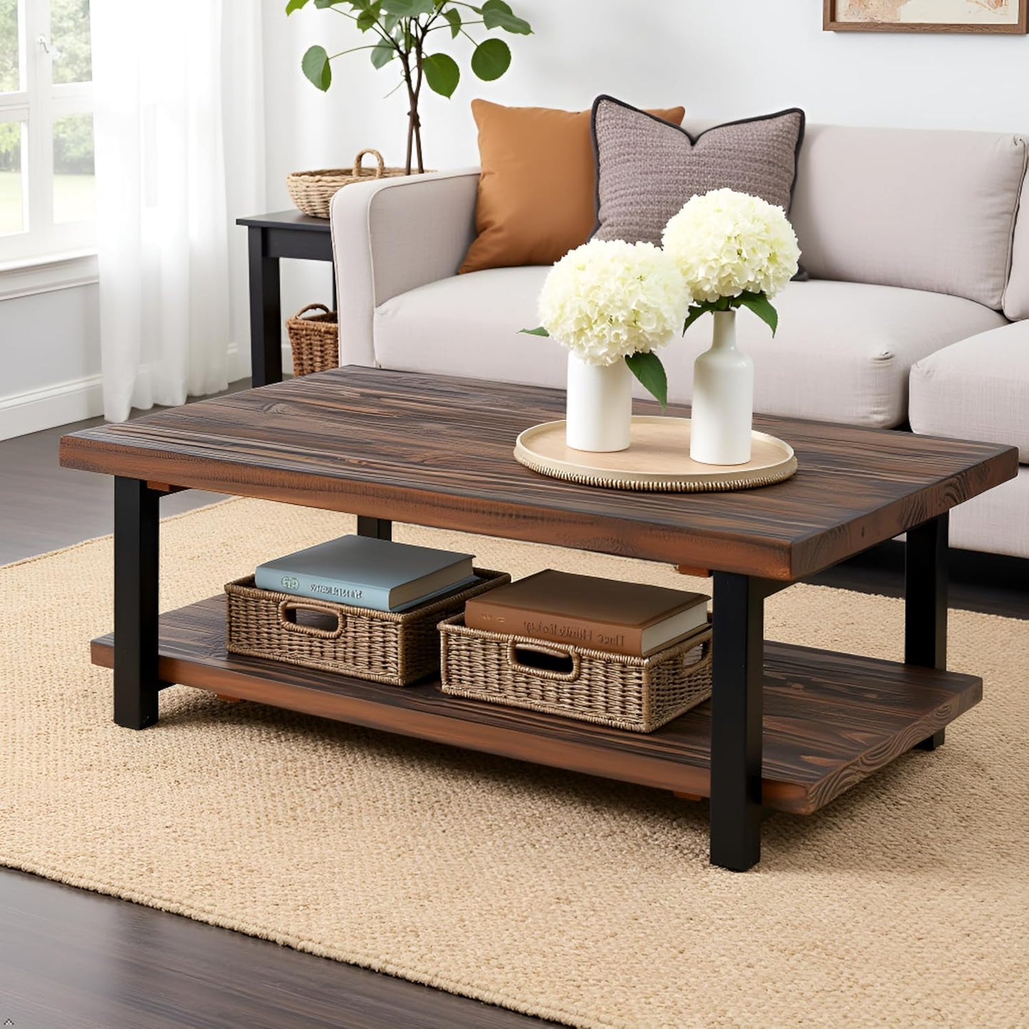 Pomona Rustic Industrial 2-Tier Rectangular Coffee Table – 48” Solid Wood Top with Shelf, Metal Legs, and Reclaimed Finish – Farmhouse Style Living Room Furniture