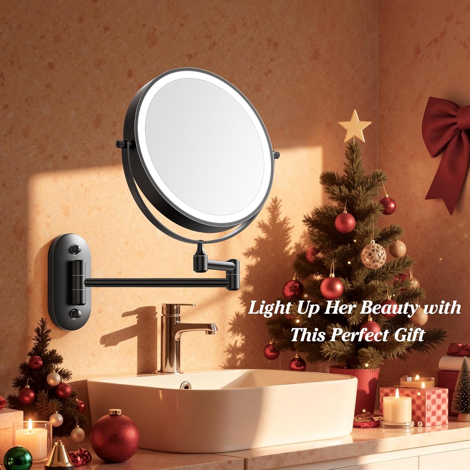 8'' Wall Mounted Lighted Makeup Mirror, 3200Mah Rechargeable Double-Sided 1X/20X Magnifying Mirror with Light, Touch Dimmable 3 Color Light, 360° Rotation Foldable Extended Arm, Black