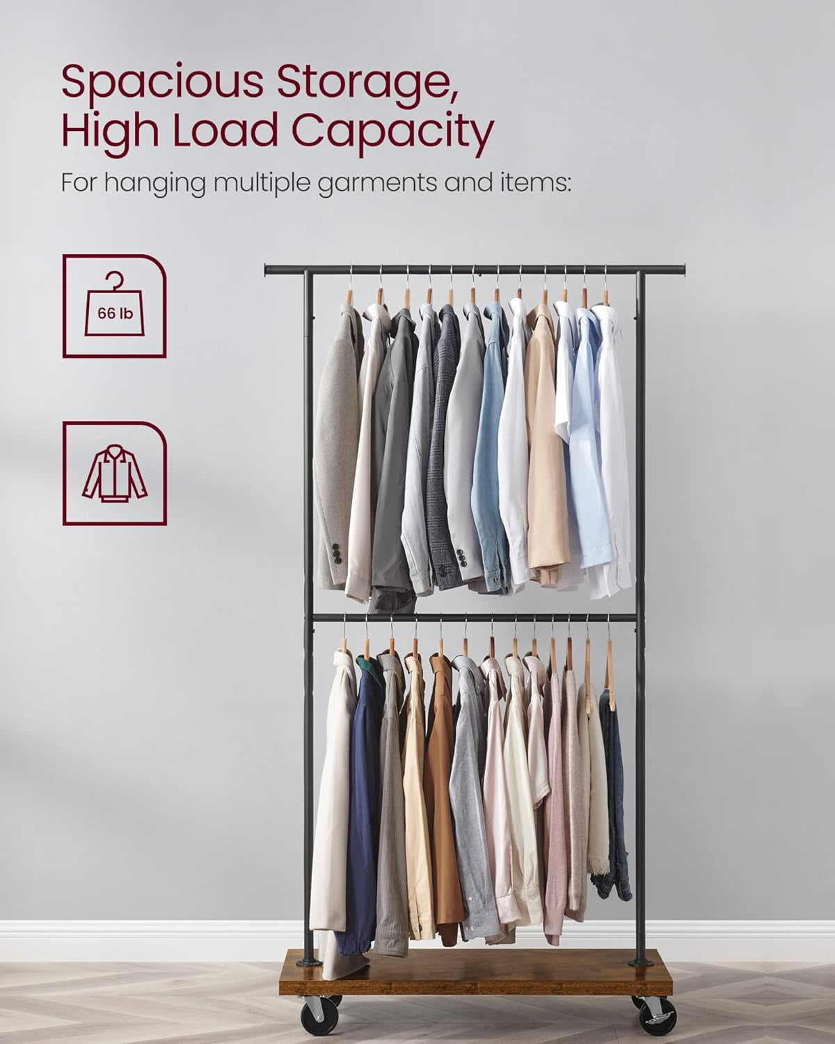 Clothes Rack, Clothing Rack with Wheels, 43.3-66.9 Inch Extendable Bar, Height-Adjustable Garment Rack, 332 Lb Load, 2 Brakes, Heavy-Duty, Industrial, Rustic Brown and Black URGR111B01V1
