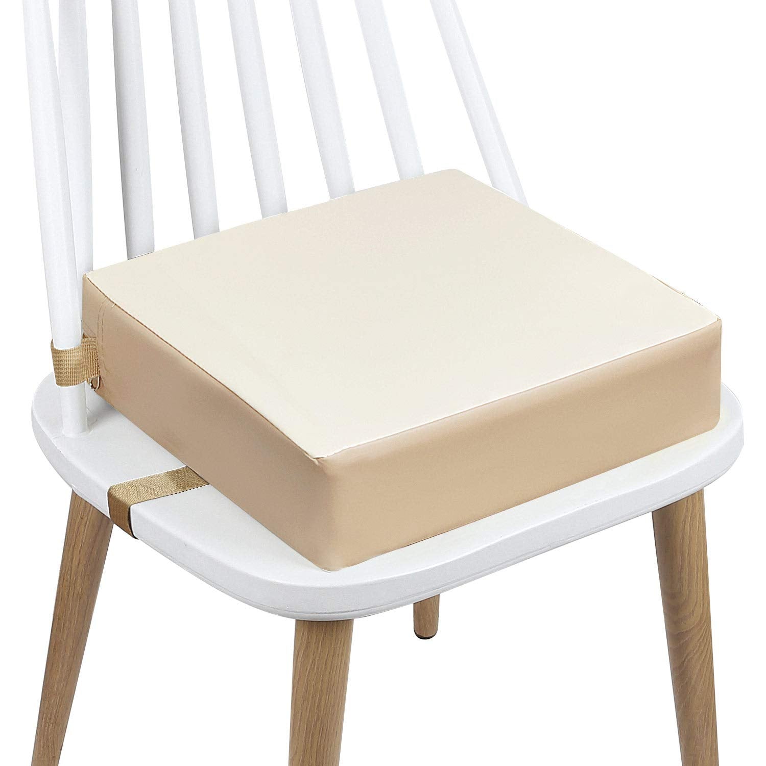 Toddler Booster Seat Dining, Washable 2 Straps Safety Buckle Kids Booster Seat for Dining Table, Portable Travel Increasing Cushion (Beige-Pu)