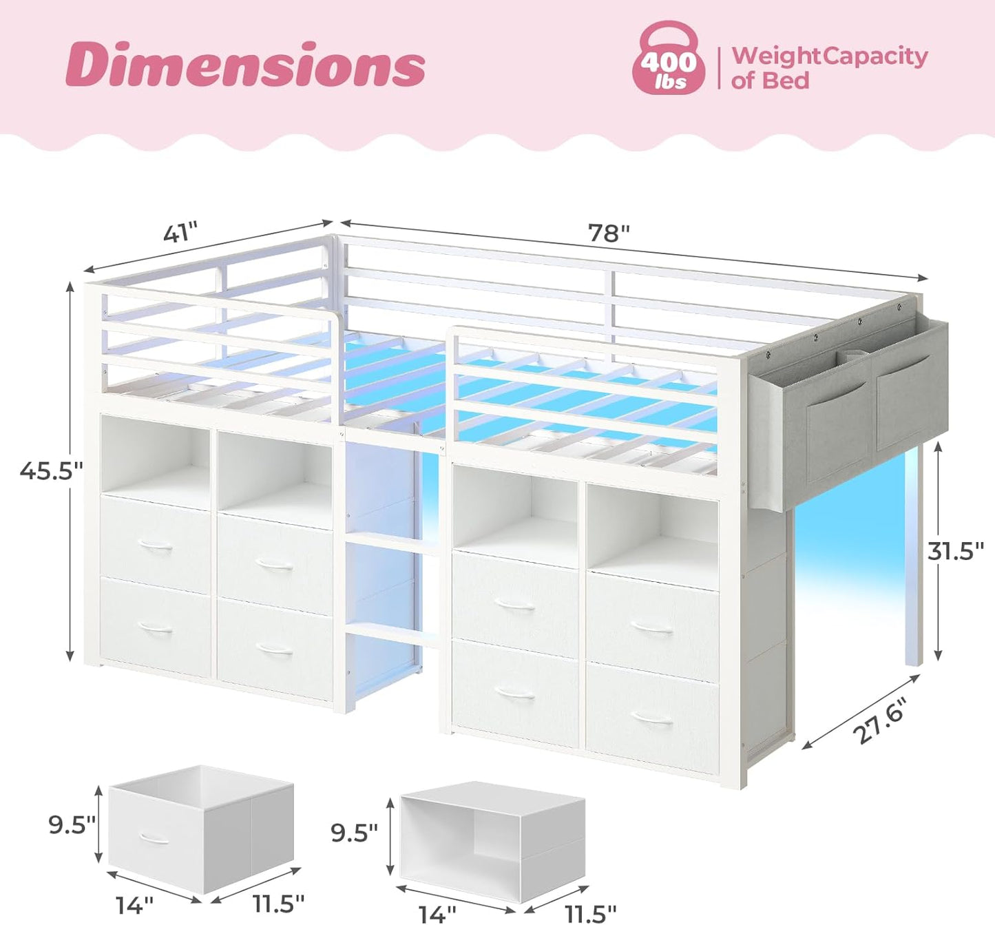 Low Loft Bed Twin Size with 8 Storage Drawers, Twin Loft Bed with Bookcase and LED Lights, Metal Kids Loft Bed with 14" H Safety Guardrail, Under-Bed Play Space, No Box Spring Needed, White