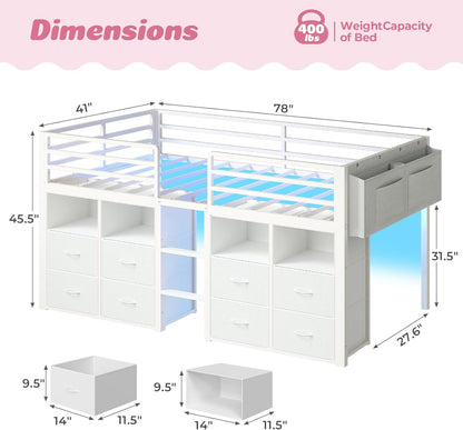 Low Loft Bed Twin Size with 8 Storage Drawers, Twin Loft Bed with Bookcase and LED Lights, Metal Kids Loft Bed with 14" H Safety Guardrail, Under-Bed Play Space, No Box Spring Needed, White