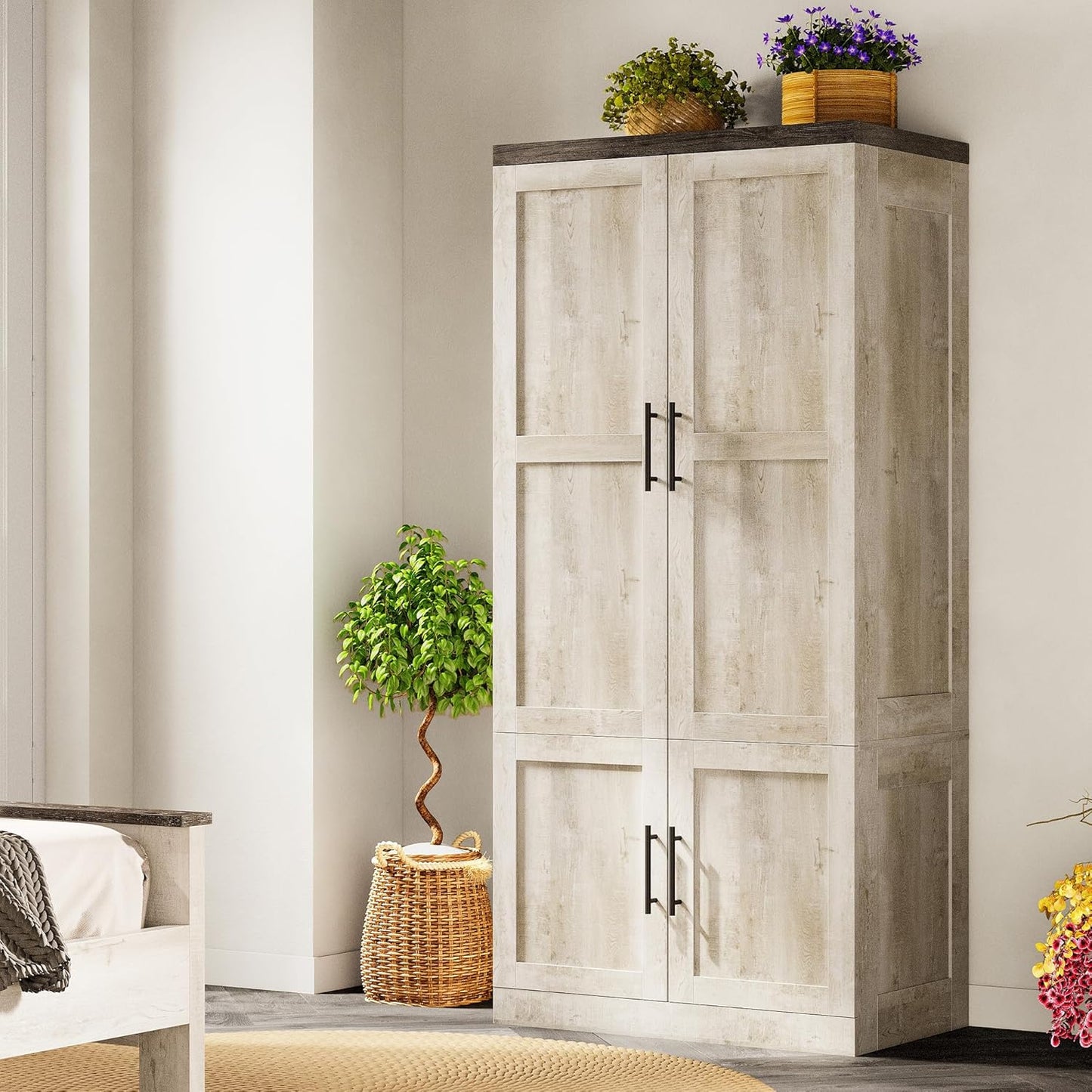 Large Wardrobe Closet, Farmhouse Clothing Storage Cabinet with Hanging Rod and 2 Doors, Wooden Tall Bedroom Armoires with Storage Shelves, Rustic White