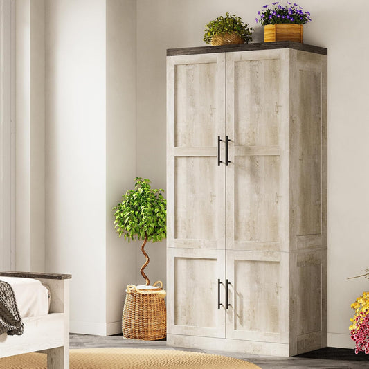 Large Wardrobe Closet, Farmhouse Clothing Storage Cabinet with Hanging Rod and 2 Doors, Wooden Tall Bedroom Armoires with Storage Shelves, Rustic White